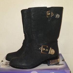 Vince Camuto Winchell Moto Mid Calf Black Leather Boots With Gold Tone Metal